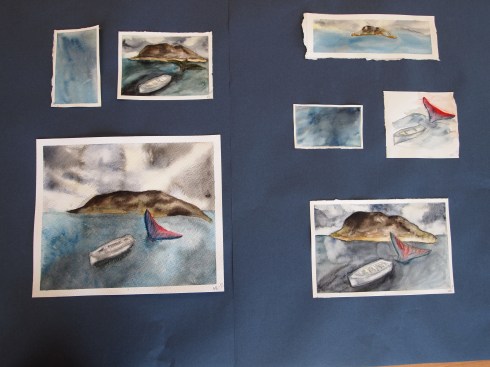 Meerin taitavissa akvarelleissa on kuvattu maisema. 